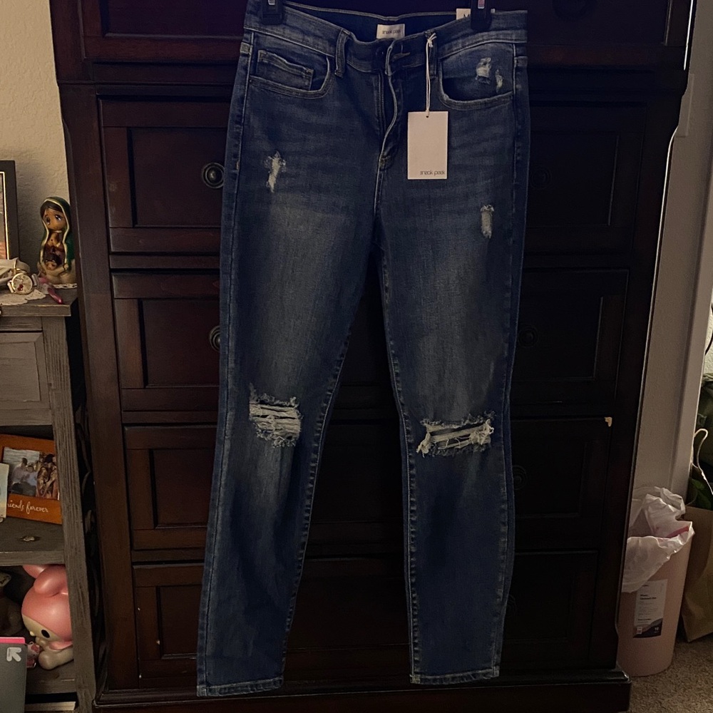 Sneak Peek Dark Blue Distressed Skinny Jeans